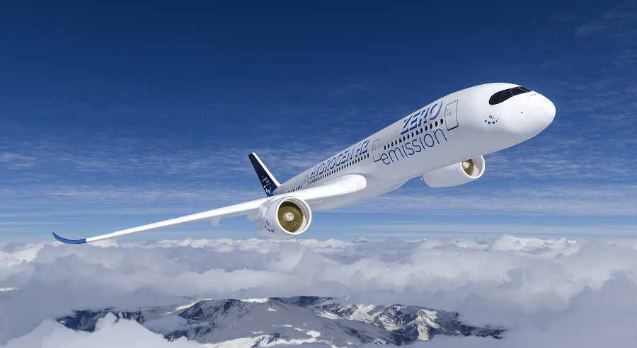 Hydrogen filled H2 Airplane flying in the sky - future H2 energy concept. 3d rendering